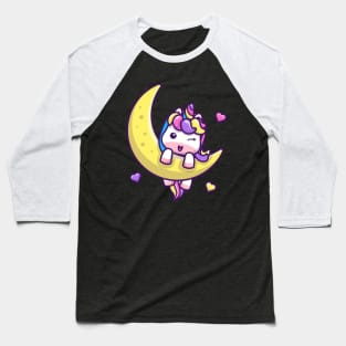 Cute Unicorn On Moon Cartoon Baseball T-Shirt